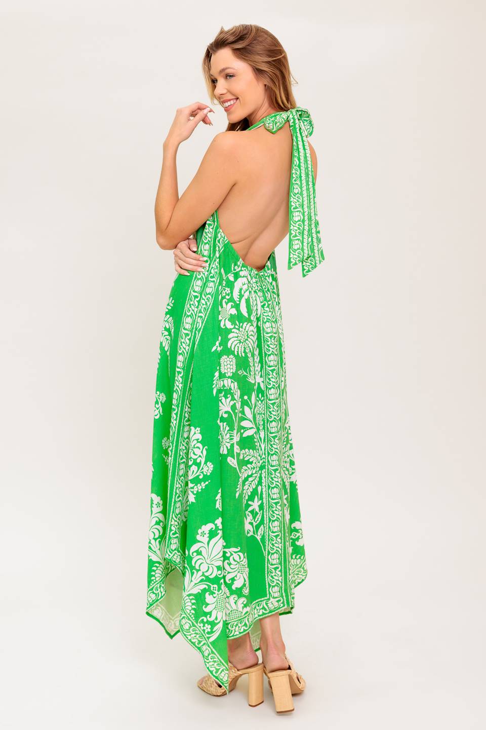 Island Tides Handkerchief Hem Halter Dress - Green | Flowy Summer Dress for Beach, Vacation & Casual Outings
