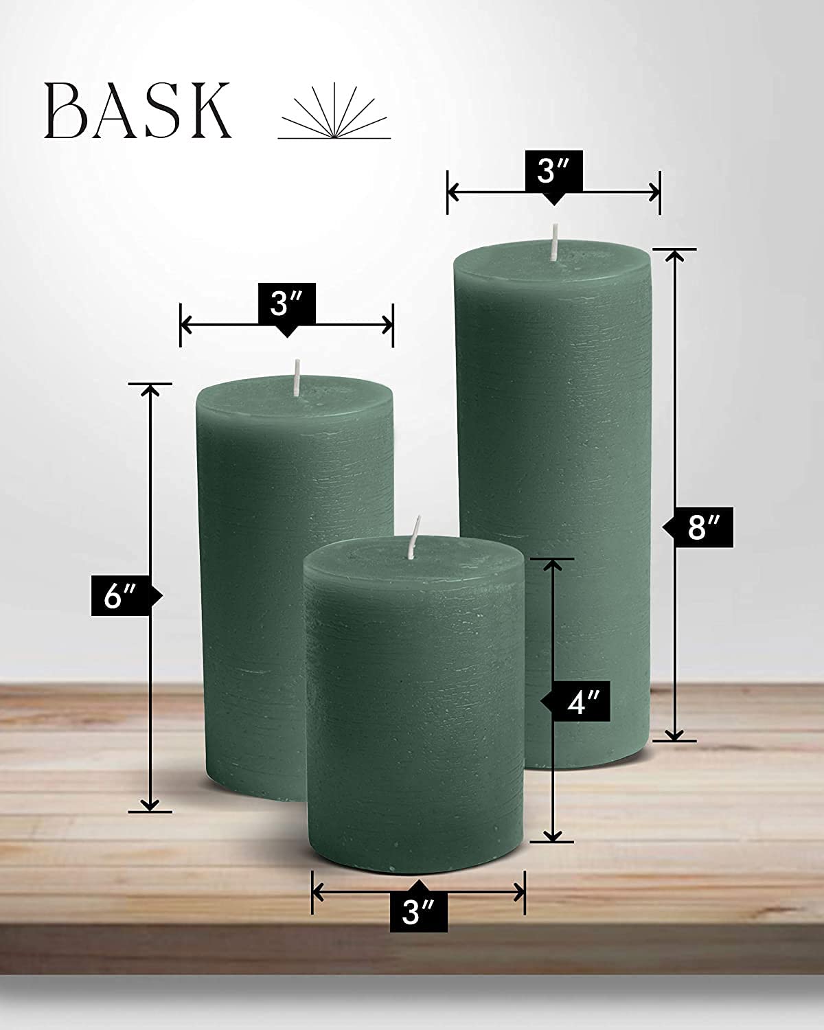 BASK Mottled Dark Green Unscented Pillar Candles Set of 3 - Dripless Large Smokeless Candles for Weddings, Home Decor, Holidays & Special Occasions
