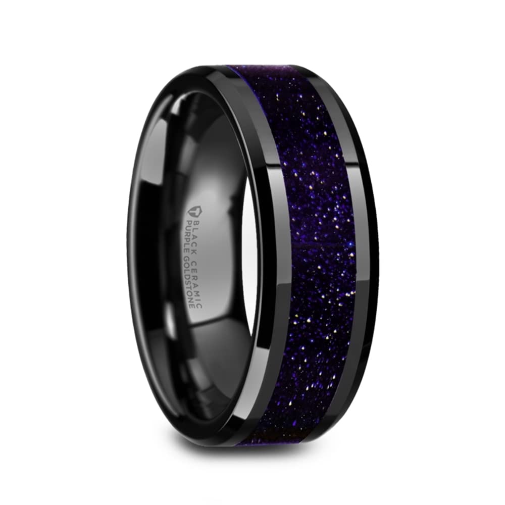 Roy Rose Jewelry Men's Black Ceramic Purple Goldstone Inlay Wedding Band Ring - Beveled Polished Comfort Fit - 8mm Wide - Style MELO - Perfect for Weddings, Engagements & Anniversary Gifts