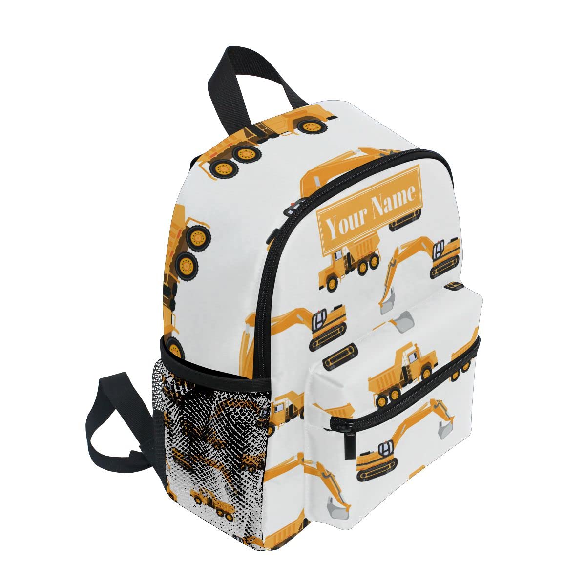 **Personalized Preschool Backpack with Adjustable Chest Strap - Custom Name/Text Daycare Bag for Kids | Durable Industrial Car, Excavator & Trucks Design on White Nursery Diaper Bag | Perfect for Daycare, Travel & Outdoor Adventures**