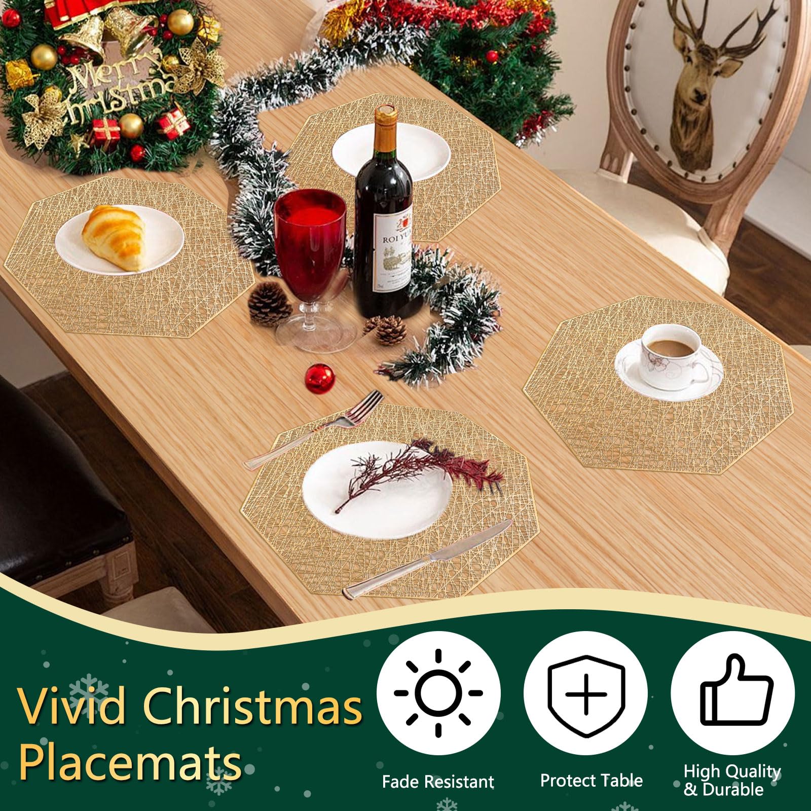 Homcomoda Octagonal Non-Slip Placemats Set of 6 - Gold Dining Table Mats for Everyday Meals & Dinner Parties