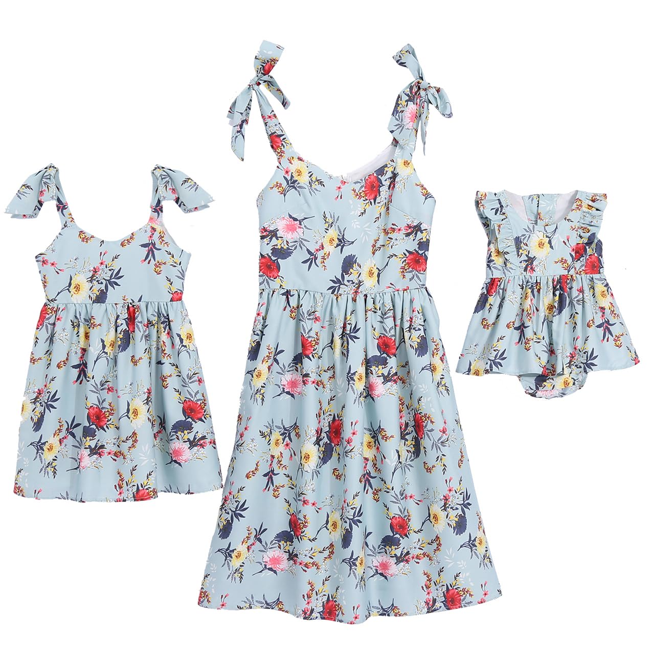 PopReal Mommy and Me Floral Printed Dresses - Shoulder Straps Bowknot Chiffon Sleeveless Matching Outfits for Mother Daughter Photos, Family Events & Summer Vacations