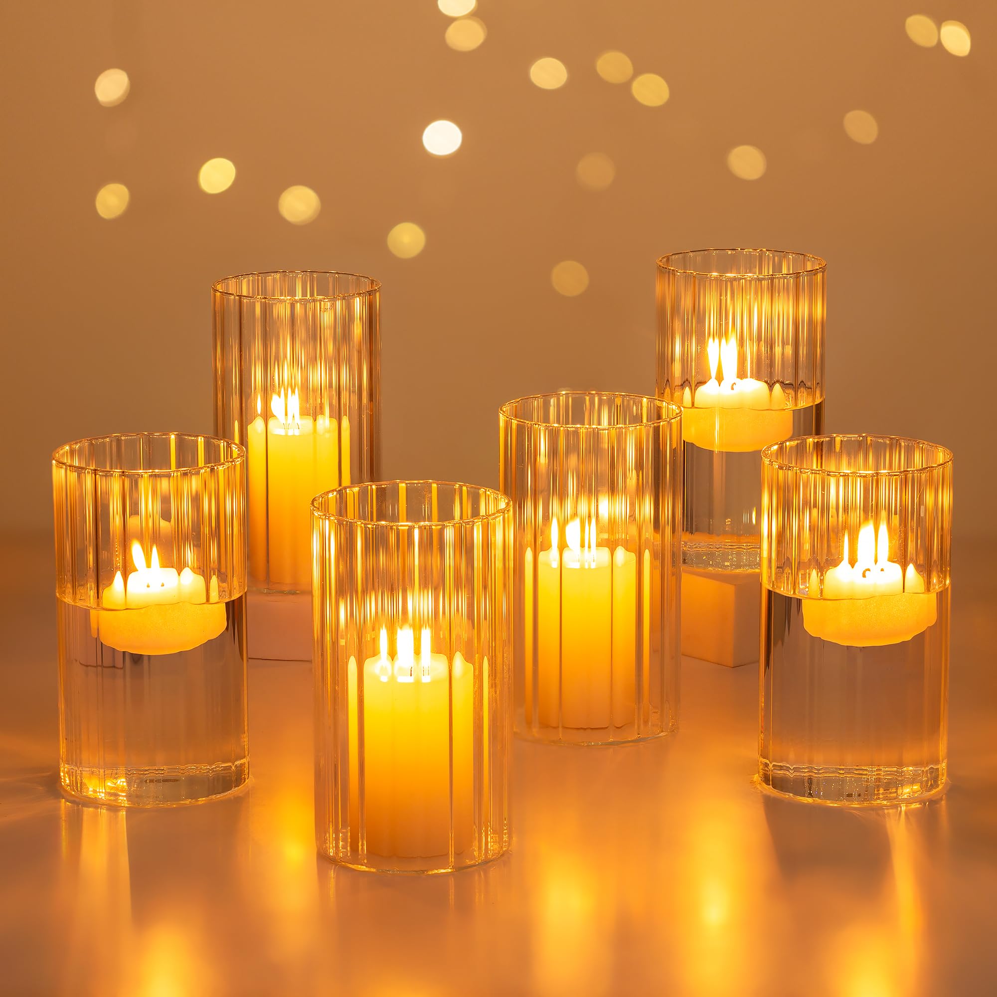 Glasseam Hurricane Glass Candle Holders - Set of 6 Clear Cylinder Candle Holders for Pillar Candles, Modern Ribbed Design, Decorative Vases for Wedding Centerpieces & Table Decor (5.91