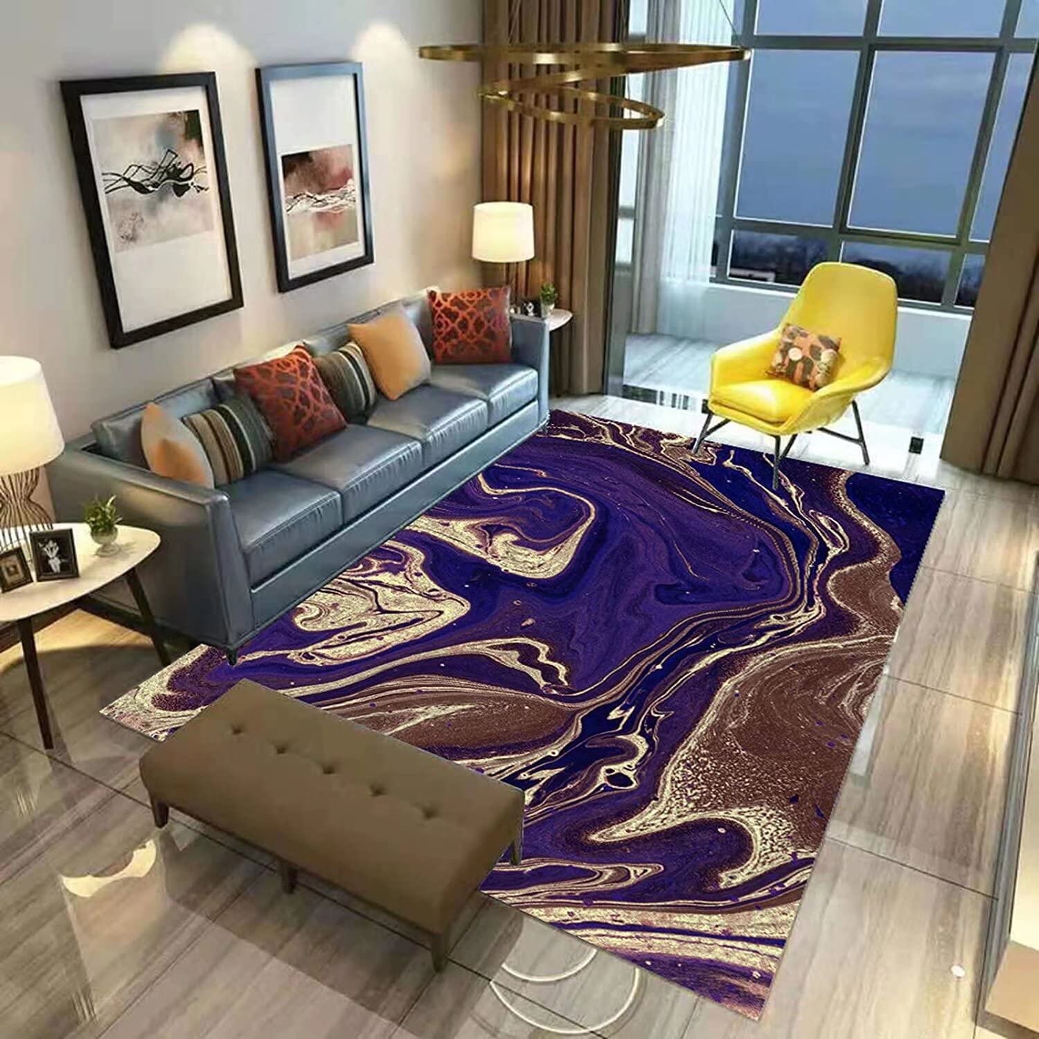 Non-Slip Purple Marble Area Rug with Gold Glitter - 35x24 Inch Modern Carpet for Living Room & Bedroom Decor - Soft Floor Mat for Home, Office, and Dorm Use