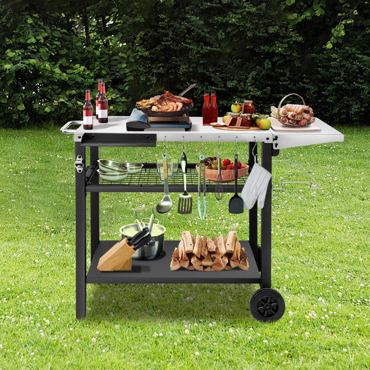 EDOSTORY Stainless Steel Outdoor Grill Cart with Pizza Oven Stand - 3-Tier Food Prep Table, BBQ Kitchen Island & Bar Cart with Wheels | Perfect for Patio Cooking, Backyard Parties & Outdoor Entertaining