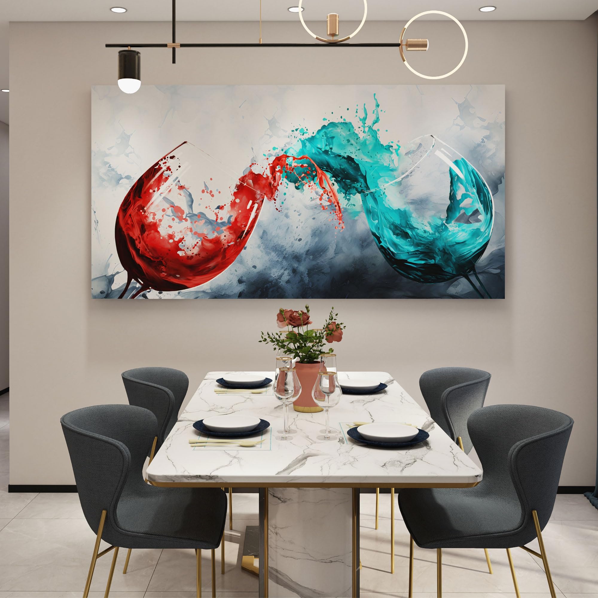 Modern Wine Glass Canvas Wall Art - Blue & Red Wine Cups Painting for Dining Room, Kitchen & Office Decor - 30x60 Inch Contemporary Wall Art - Perfect for Home, Restaurant & Bar Decorations