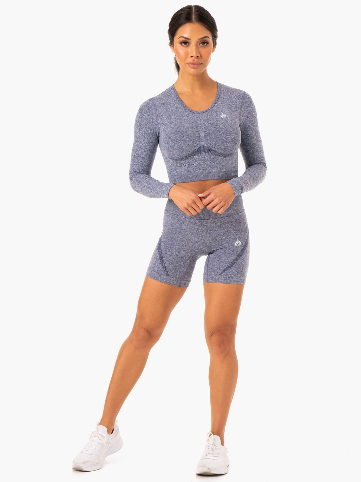 Seamless Long Sleeve T-Shirt for Women - Soft Stretch Comfort Fit Crewneck Top in Navy Marl | Casual Wear, Layering, Workout & Everyday Outfits