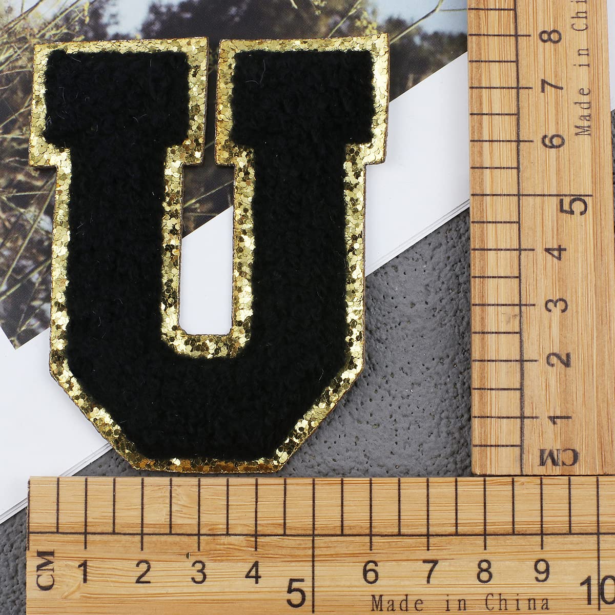 **A-Z Chenille Embroidered Letter Patches with Gold Sequins Edge - 26PCS Iron On & Sew On Alphabet Appliques for Hats, Jackets, Shirts, Vests, Jeans - Perfect for DIY Customization, Fashion Repair & Personalized Gifts (Black)**