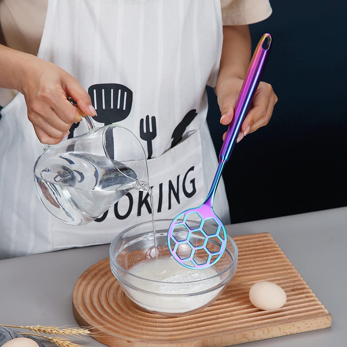 Rainbow Dough Whisk - Stainless Steel Football-Shaped Flat Whisk for Baking & Cooking, Colorful Titanium Plating, Ergonomic Non-Slip Handle, Dishwasher Safe - Perfect for Mixing Cookie Dough, Bread, Pancake Batter & More