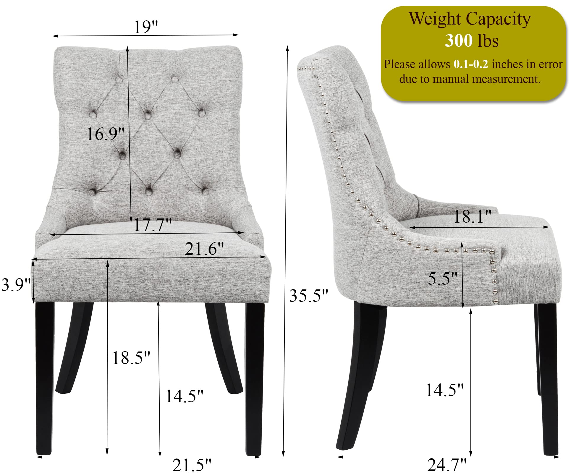 Modern Grey Upholstered Dining Chairs Set of 2 - Tufted Fabric Kitchen Chairs with Black Wood Legs for Dining Room, Living Room & Home Decor | Comfortable Accent Side Chairs for Kitchen, Dining Table & Lounge Areas