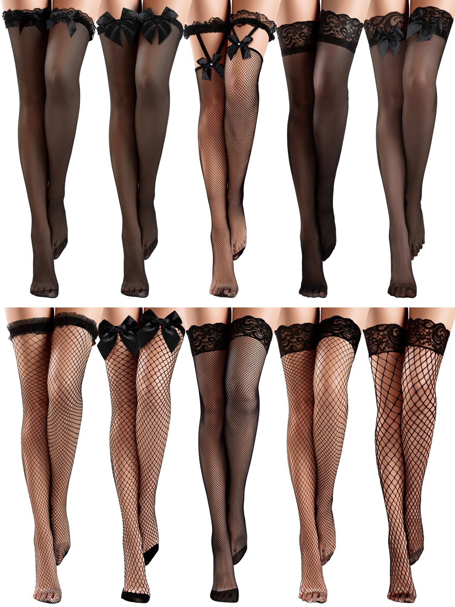 10 Pairs Women's Silk Fishnet Thigh High Stockings with Lace Top - Sheer Over The Knee Stockings for Valentine's Day, Date Night & Boudoir Lingerie