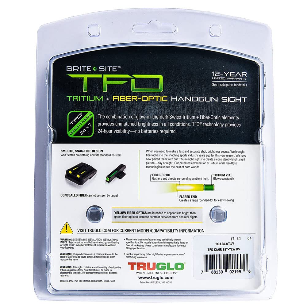 TRUGLO TFO Tritium & Fiber-Optic Handgun Sight - Durable Snag-Resistant Glow in Dark Sights for Kahr Arms Pistols - Perfect for Low Light Shooting & Tactical Use