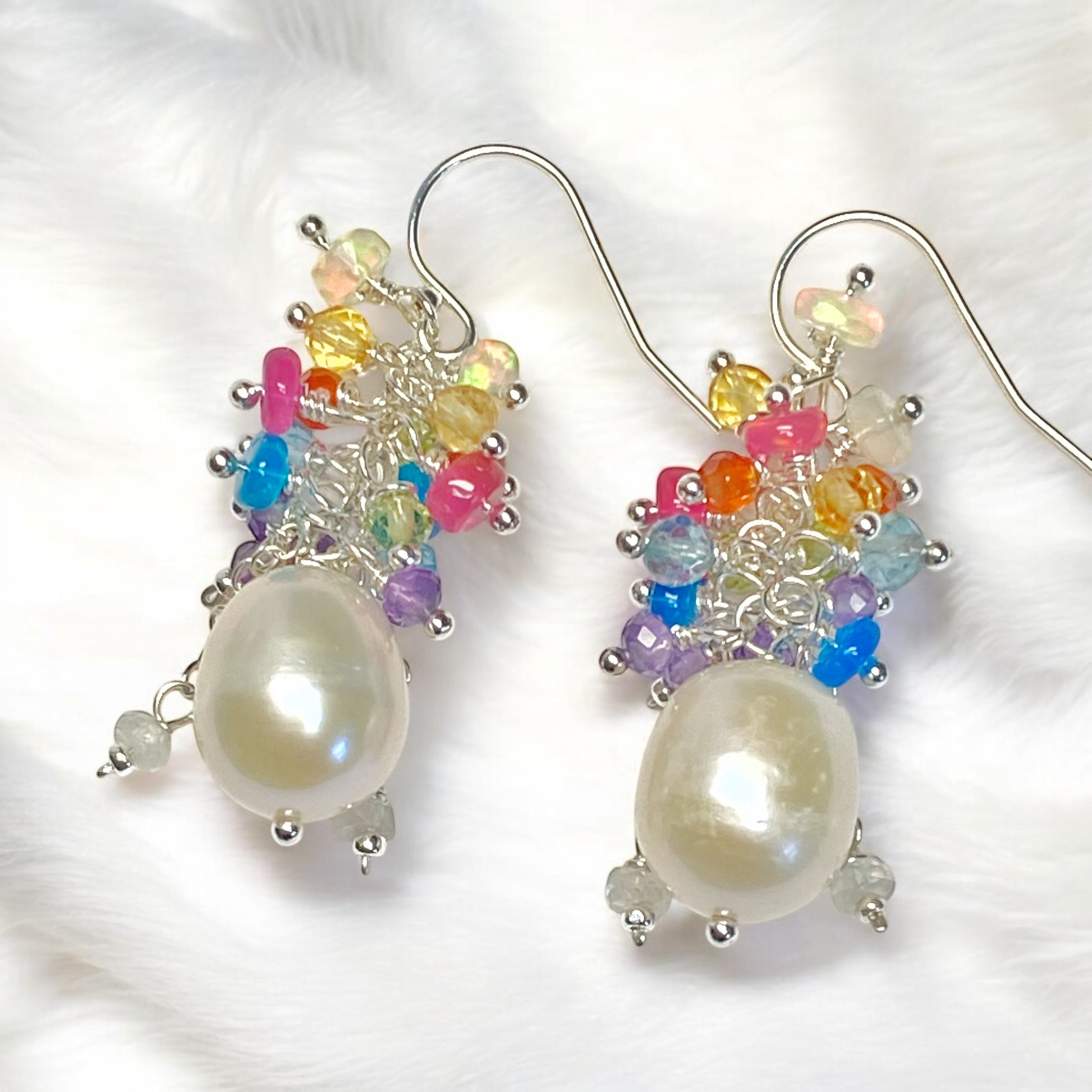 Exquisite Pearl Earrings with Multi-Color Opals & Gemstones in 14K Gold Fill or Sterling Silver - Perfect for Weddings, Parties & Special Occasions