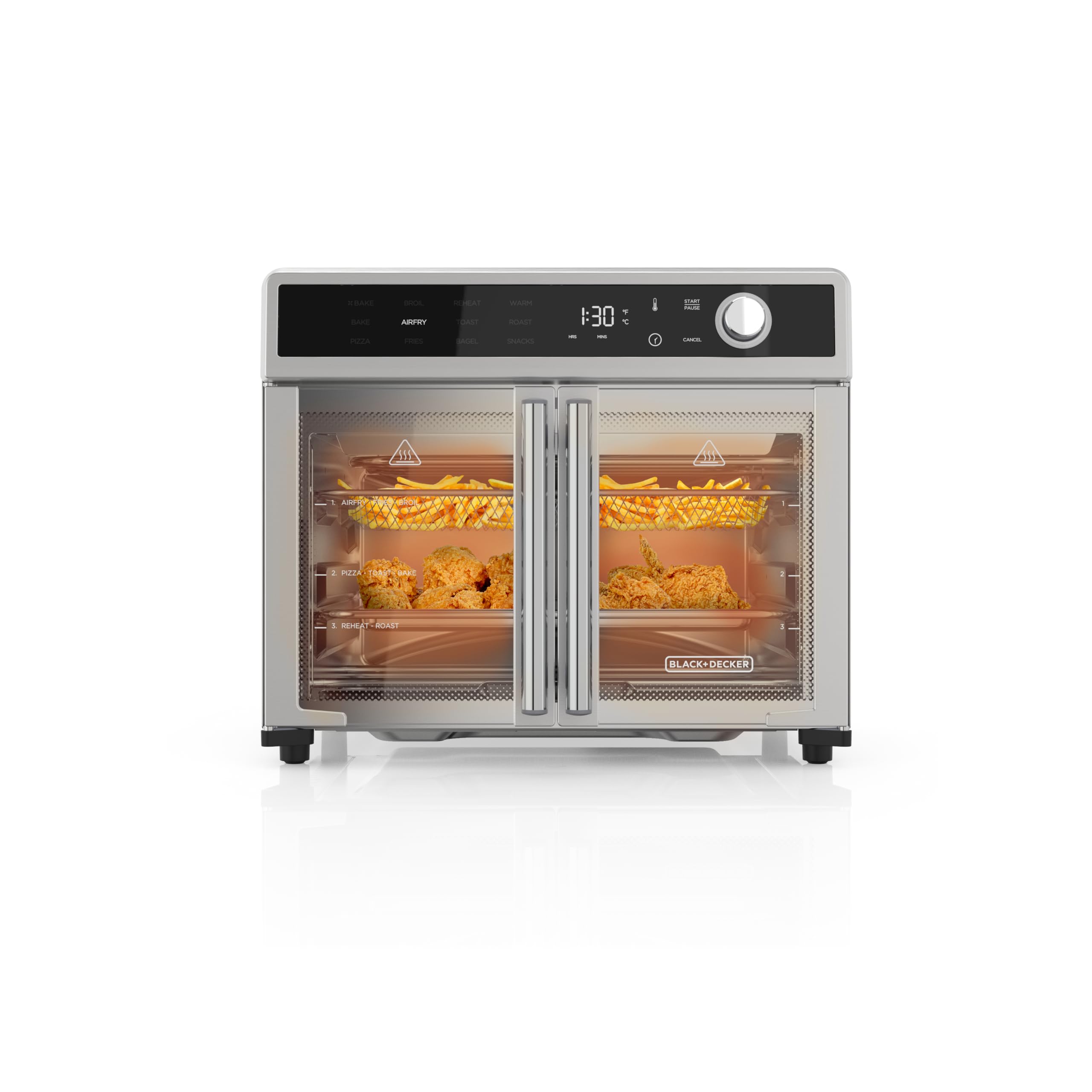 BLACK+DECKER 12-in-1 Air Fryer Toaster Oven Combo with Convection - Fast Cooking Countertop Oven for Pizza, Toast & More - Stainless Steel French Door Design - Perfect for Small Kitchens, Dorms & RV Cooking