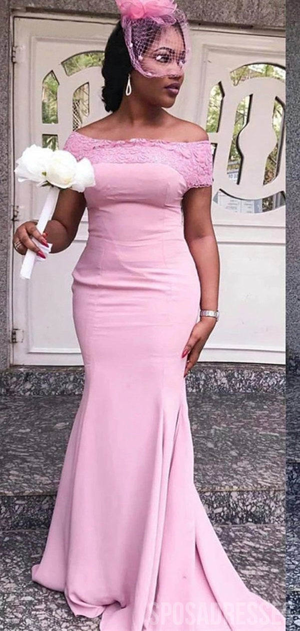 Elegant Pink Bodycon Mermaid Bridesmaid Dress with Off-the-Shoulder Lace Applique - Perfect for Weddings, Proms & Formal Events - Style WG996