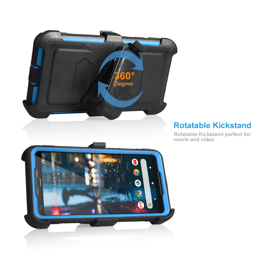 Samsung J3 (2018) Phone Case with Built-in Screen Protector, 360° Full-Body Protection, Kickstand & Holster Clip - Shockproof Armor Cover with Grip Sides (Blue) - Perfect for Daily Use, Outdoor Activities & Work