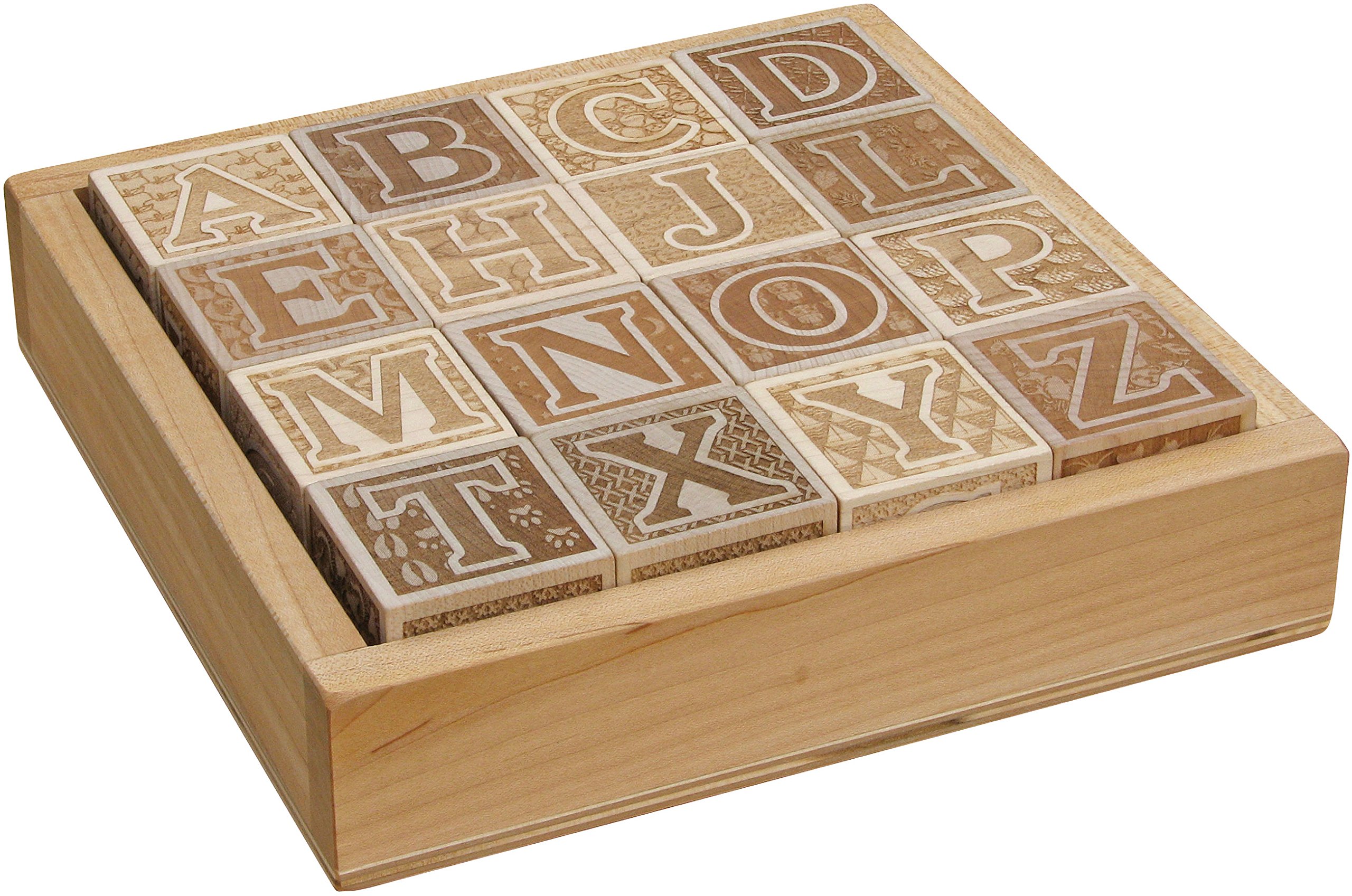 Natural Wooden ABC Blocks in Tray - 16 Piece Educational Alphabet Block Set - Made in USA - Perfect for Toddler Learning & Nursery Decor