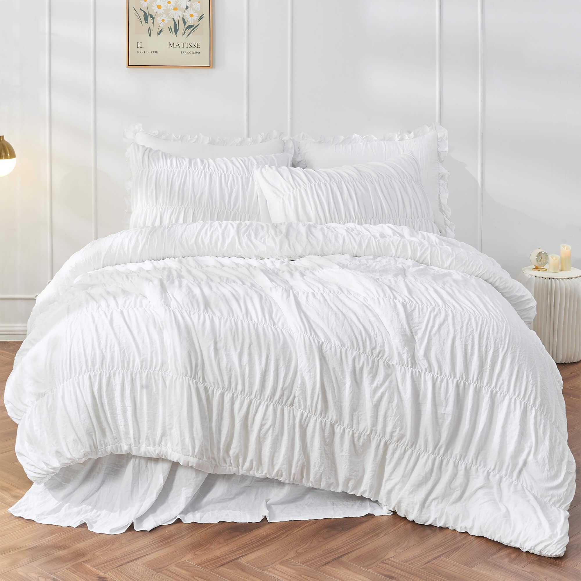 Queen Comforter Set - White Boho Shabby Chic Bedding - Fluffy 3 Piece Ruffle Comforter with Pillow Shams - Perfect for Master Bedroom, Guest Room & Bohemian Home Decor