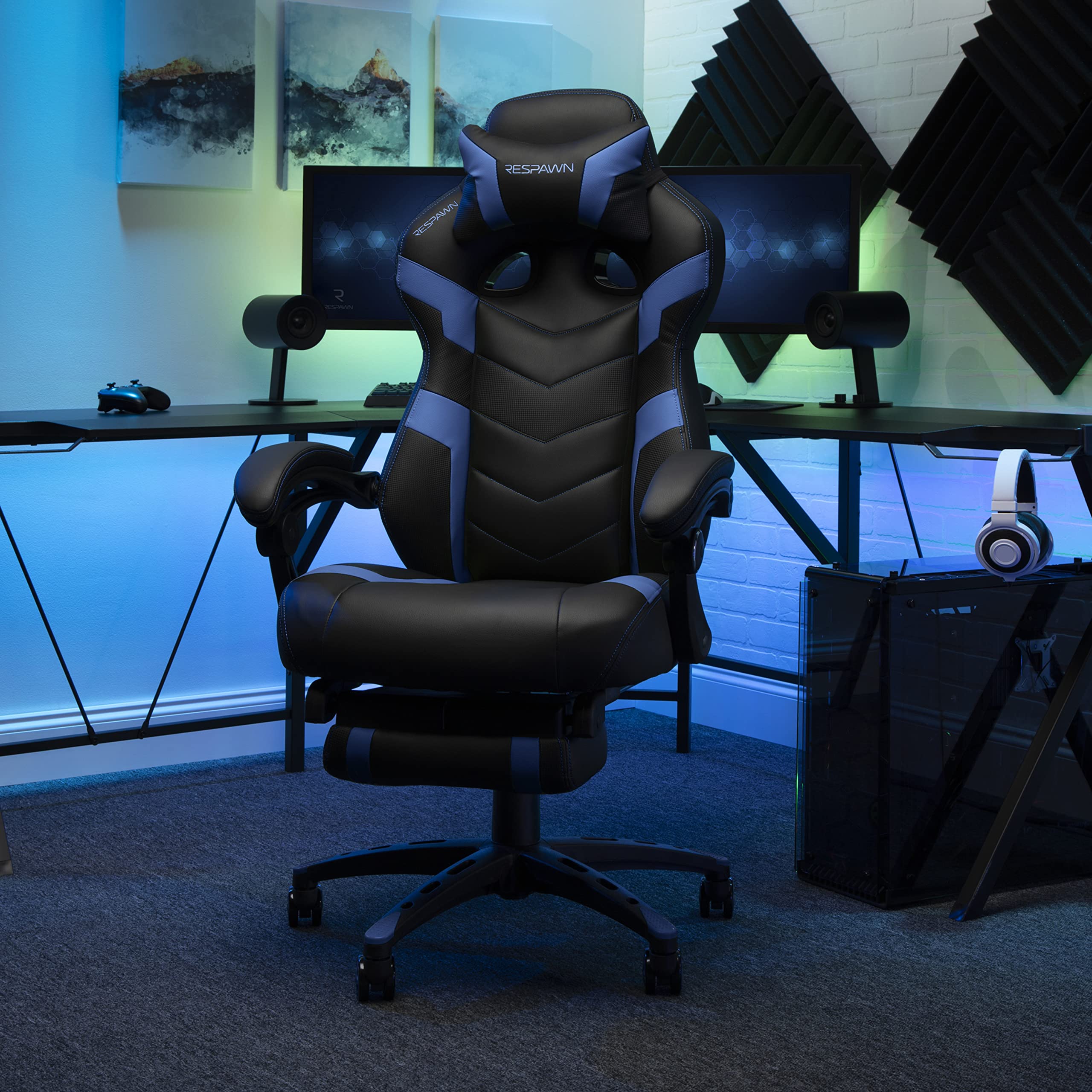 RESPAWN 110 Ergonomic Gaming Chair with Footrest - Racing Style High Back Office Chair with 360 Swivel, Adjustable Lumbar Support & Headrest Pillow - Perfect for PC Gaming, Home Office & Streaming Setup (2021 Blue)