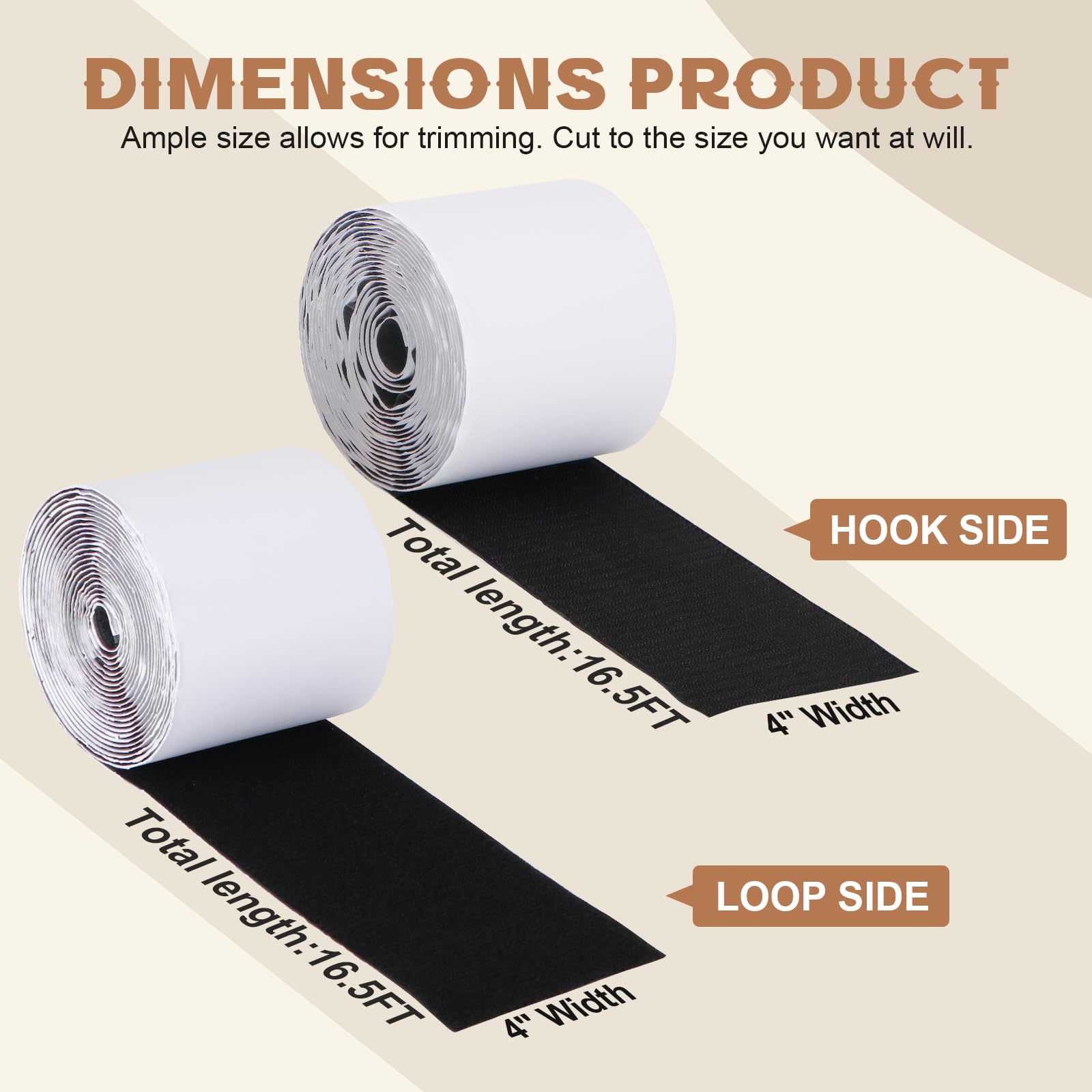 4 Inch x 16.5 Feet Heavy Duty Black Hook and Loop Tape with Strong Adhesive - Non-Slip Rug Gripper for Couch Cushions, Carpets, Mattresses - Prevent Sliding for Home, Office & Outdoor Use (Patio, RV, Furniture)