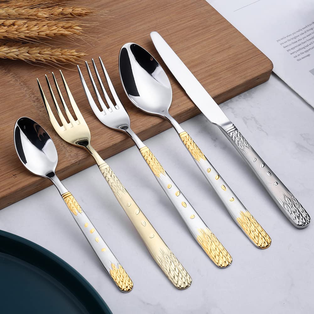 24-Piece Stainless Steel Silverware Set for 6 - Dishwasher Safe Flatware Cutlery Set with Zirconium Gold Plating (48pcs) - Perfect for Dining, Kitchen, Restaurants & Dinner Parties