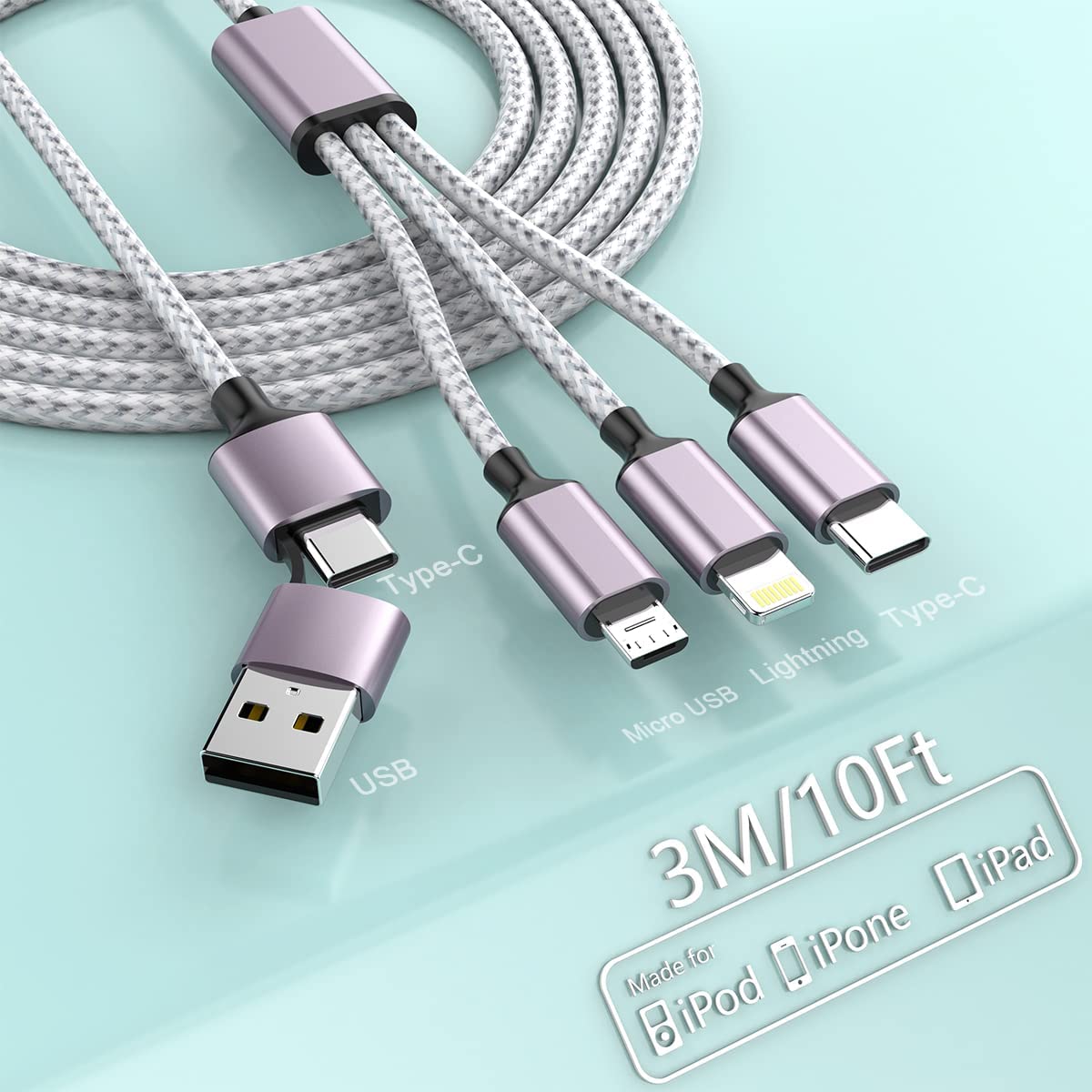 MTAKYI 3M USB C Fast Charging Cable - 4-in-1 Nylon Braided Multi Charger with Type C & Lightning Connectors | Compatible with iPhone, Android, Laptop & Tablet | Perfect for Home, Office & Travel Charging