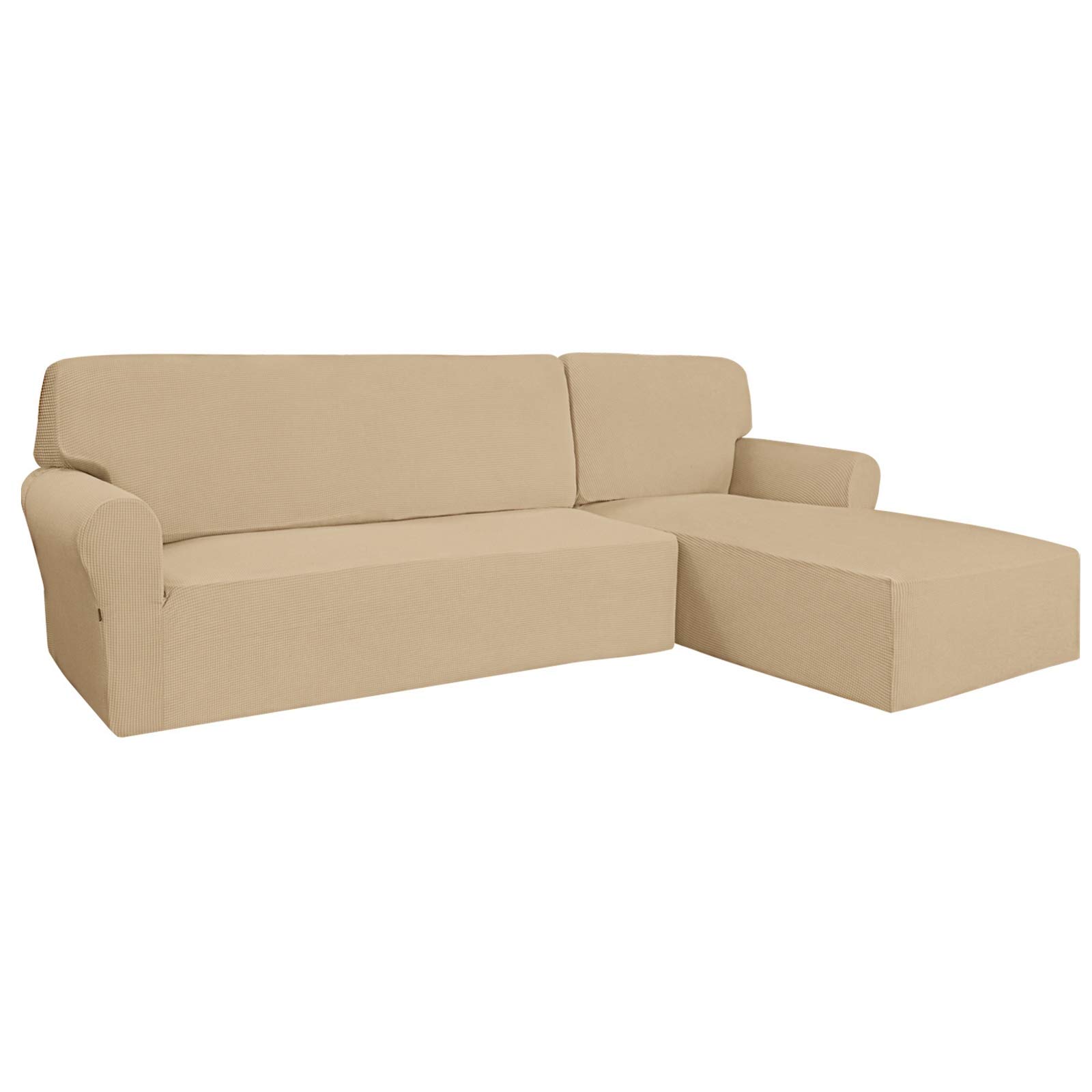 Stretch L-Shaped Sofa Slipcover 2-Piece Set - Jacquard Fabric Sectional Couch Cover with Elastic Bottom for Pets & Kids - Large Sand Color - Perfect for Living Room, Family Room & Pet-Friendly Homes