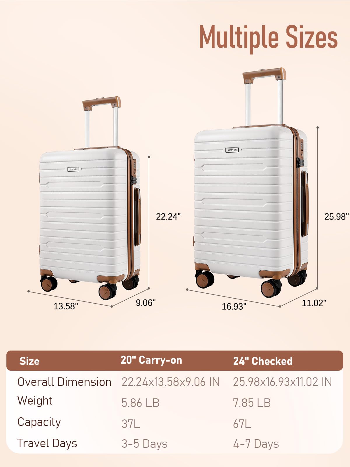 24 Inch Checked Luggage - 100% Polycarbonate Hardside Suitcase with 360° Spinner Wheels & TSA Lock, Medium Travel Luggage for Airplane (Beige) - Perfect for International Flights, Business Trips & Family Vacations