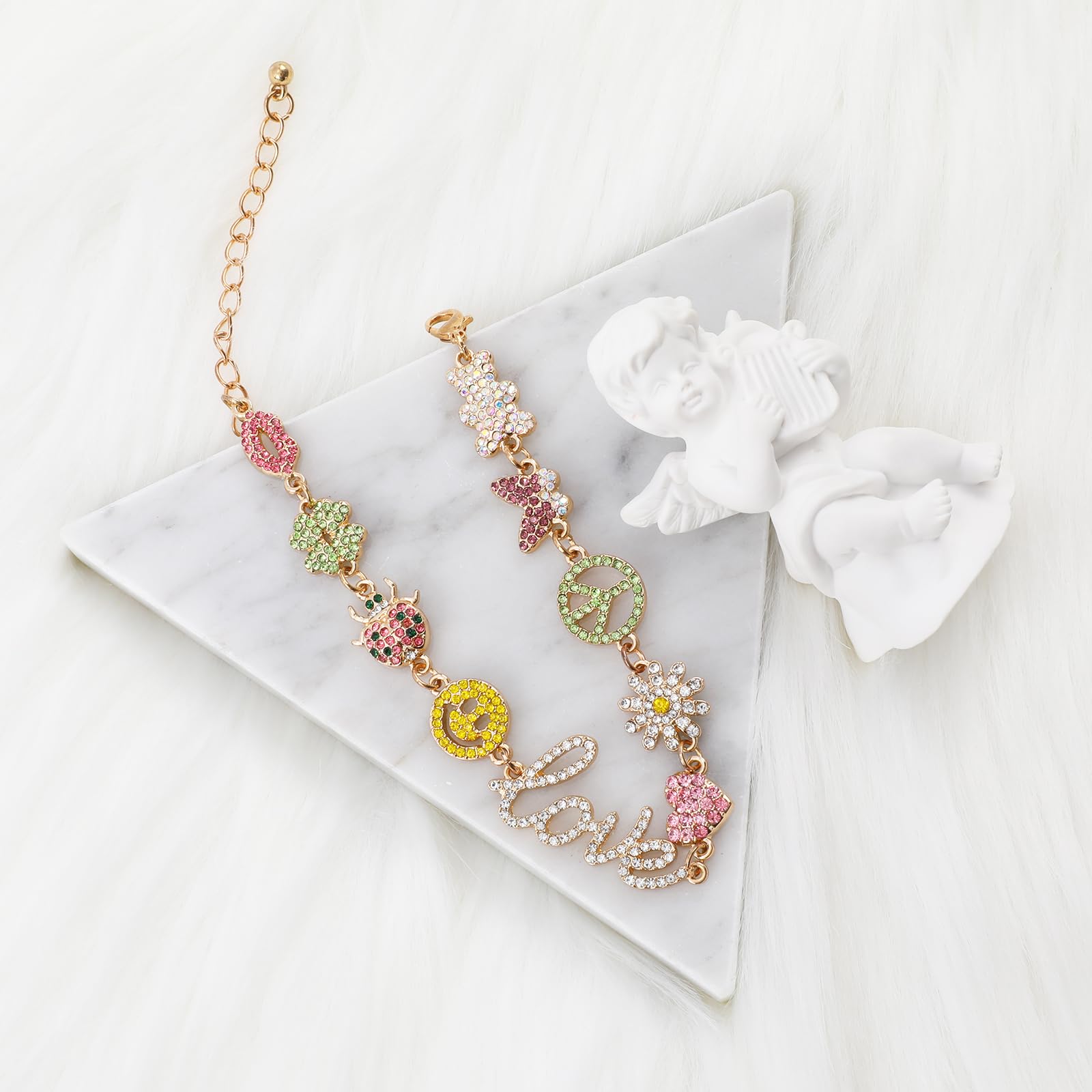 Cute Colorful Love Heart Charm Bracelets for Women - Adjustable Smiley Bear Butterfly Peace Sign Flower Beetle Red Lip Clover Animal Gold Link Hippie Statement Bracelets | Y2K Preppy Jewelry Gift for Women, Girls, Teens | Perfect for Parties, Gifts, Everyday Wear