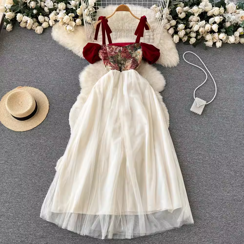 French Retro Embroidered Spaghetti Strap Dress - Summer Mesh Midi Skirt - Vintage Floral Lace Sundress - Beach Wedding Party Outfit - Perfect for Vacation, Date Night & Boho Fashion