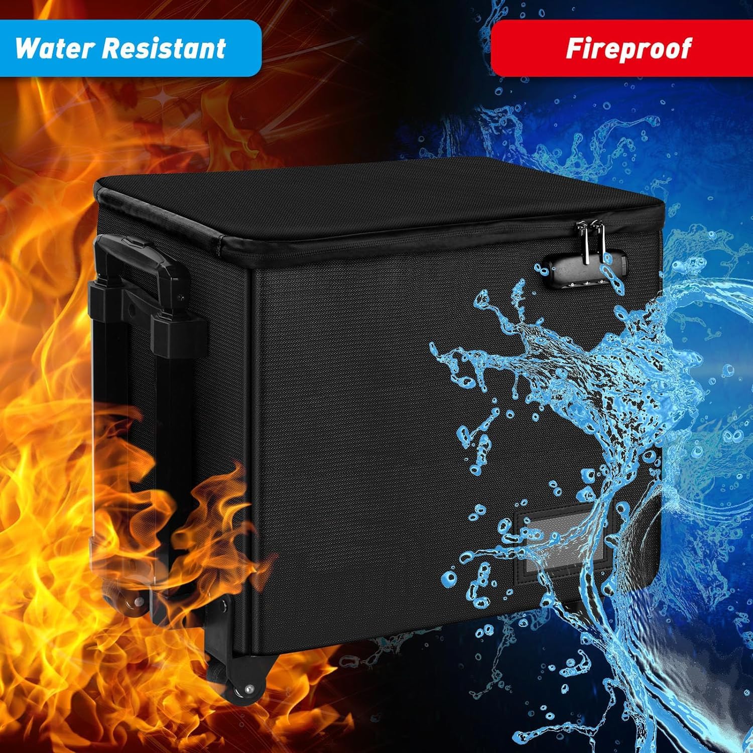 Fireproof Rolling File Box with Wheels & Lock - Portable Collapsible File Storage Cart with Telescopic Handle - Black - Ideal for Office, Home & School Document Organization