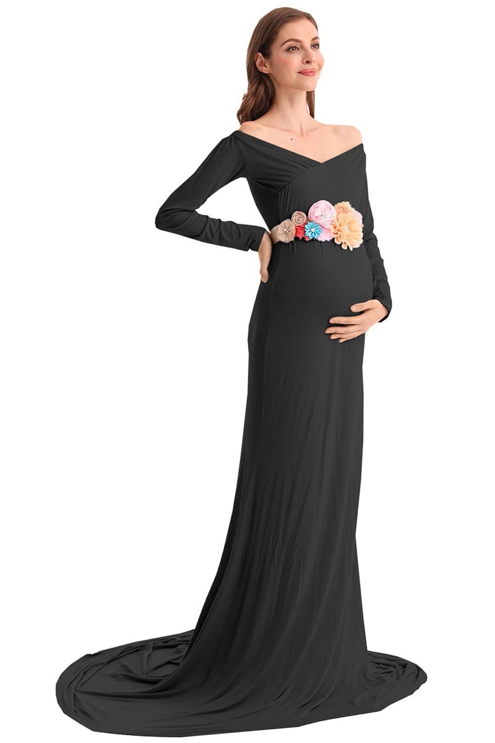 Elegant Women's Maternity Dress - Long Sleeve Off Shoulder Cross-Front V-Neck Slim Fit Maxi Photography Gown with Train - Perfect for Maternity Photos, Baby Showers & Special Occasions