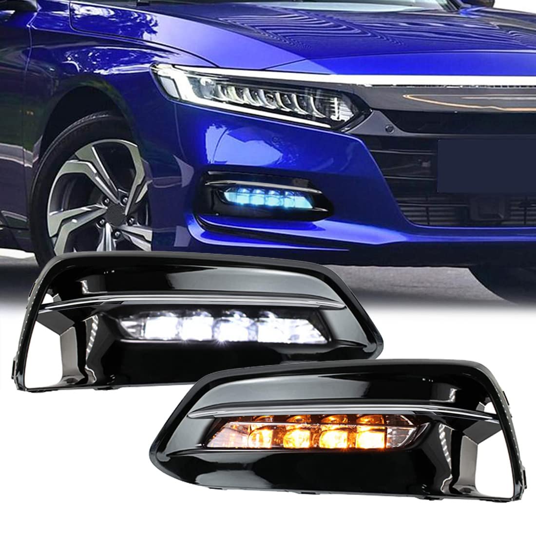 Honda Accord 2018-2020 LED Fog Lights Replacement - Tri-Color DRL with Amber Turn Signal & Black Bezel | Perfect for Daytime Running & Nighttime Visibility