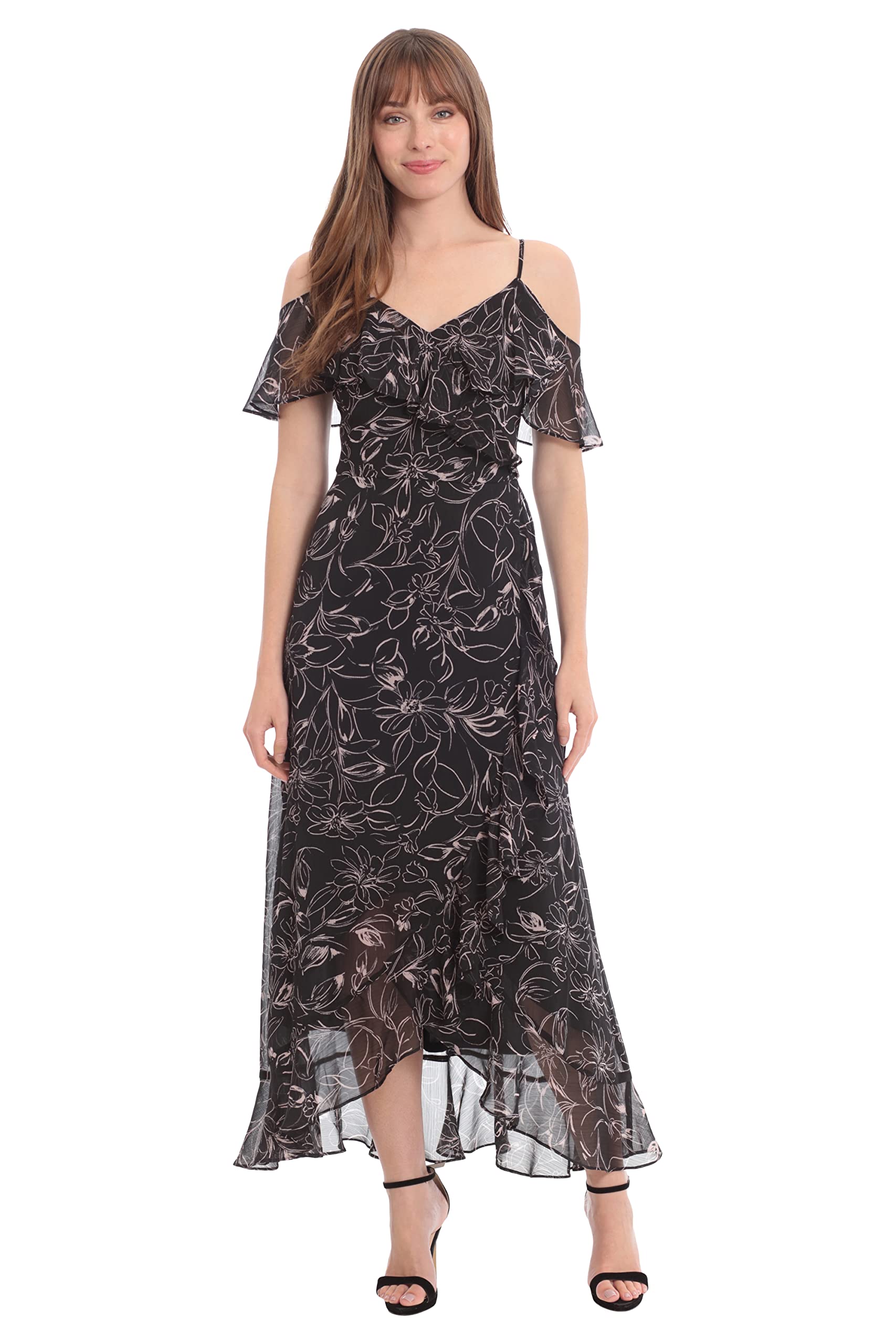 London Times Women's Floral Print Cold Shoulder Faux Wrap Hi-Low Maxi Dress with Ruffle Details - Perfect for Summer Weddings, Beach Vacations & Date Nights