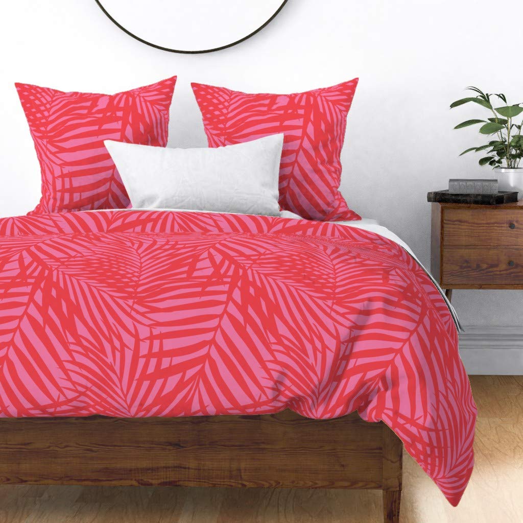 Custom Spoonflower Cotton Sateen Duvet Cover - Twin Size Orange Pink Palm Leaf Tropical Print Bedding Set for Summer Beach & Boho Bedroom Decor