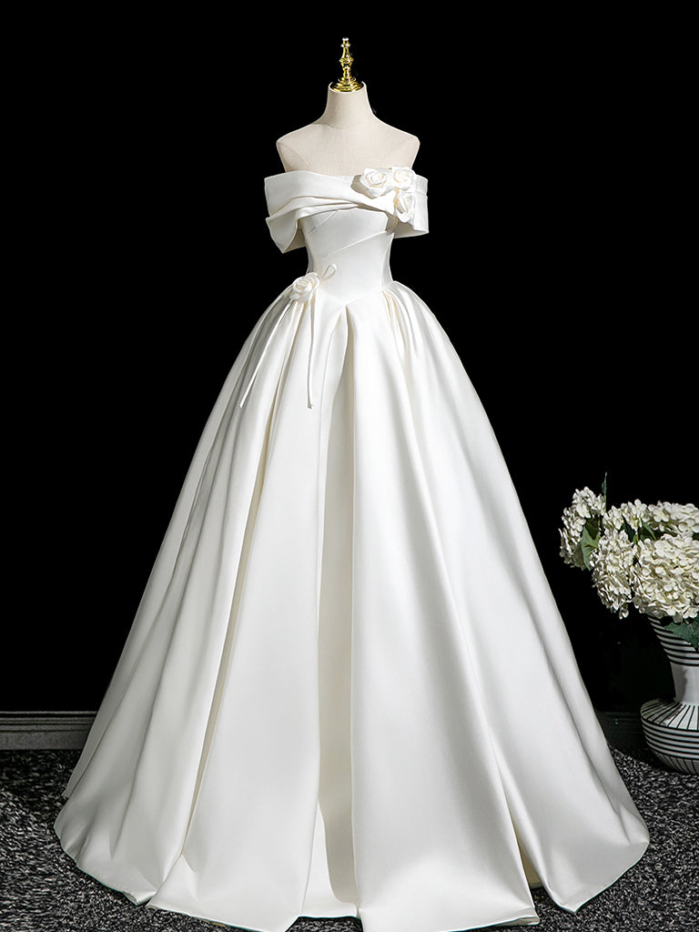 Elegant A-Line Off Shoulder Satin White Long Prom Dress - Formal Evening Gown for Homecoming, Wedding, and Special Occasions
