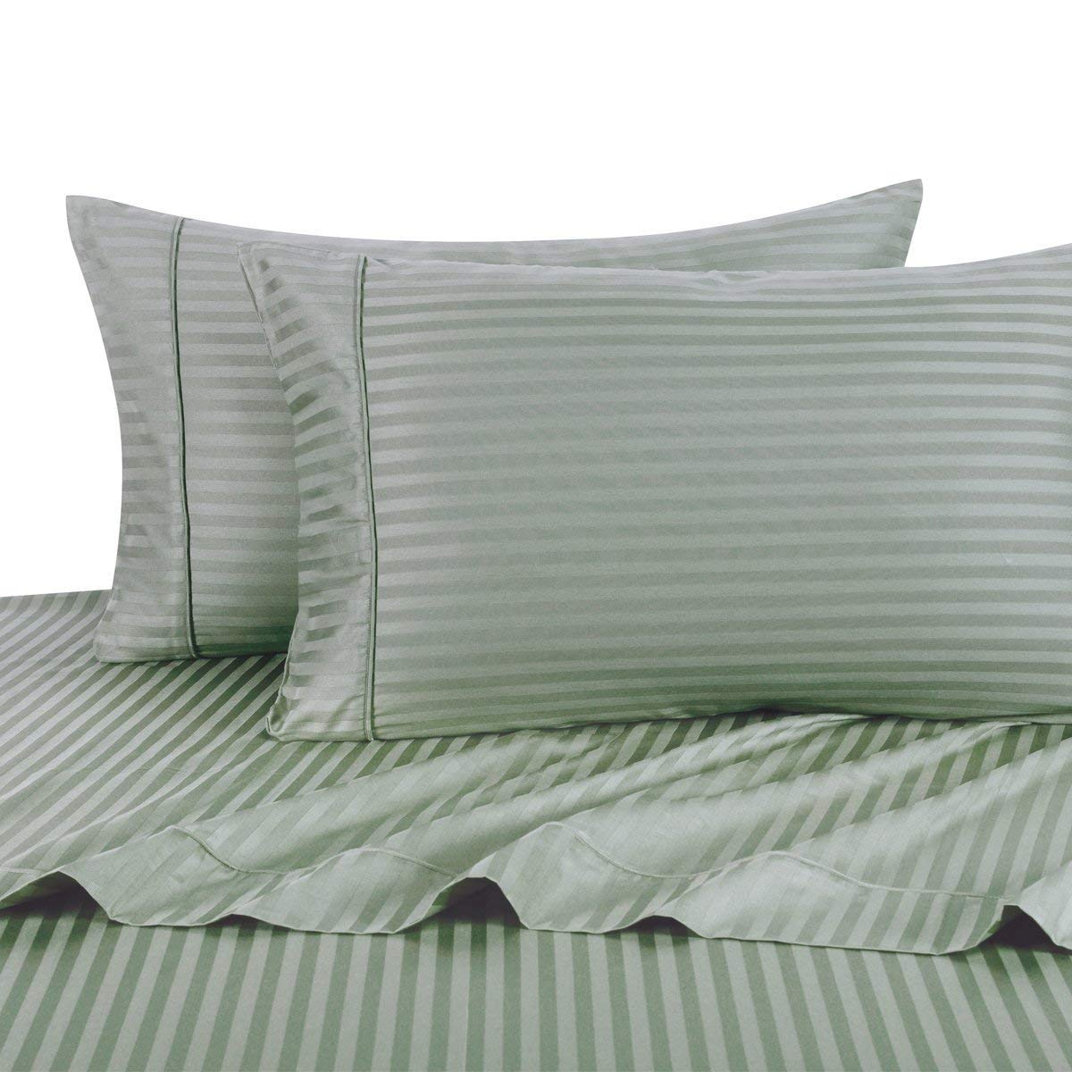 California King Size Sheets 100% Cotton - Sage Green Deep Pocket Cooling Sateen Weave with Smooth Striped Pattern - Luxury Bedding for Hot Sleepers & Master Bedroom Decor