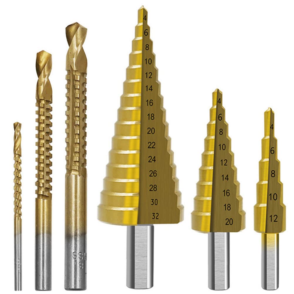 6Pcs Titanium Coated Drill Bit Set - 3 Step Drill Bits & 3 Serrated Twist Drill Bits for Metal, Wood, Plastic | Perfect for DIY Projects, Home Repairs & Professional Metalworking
