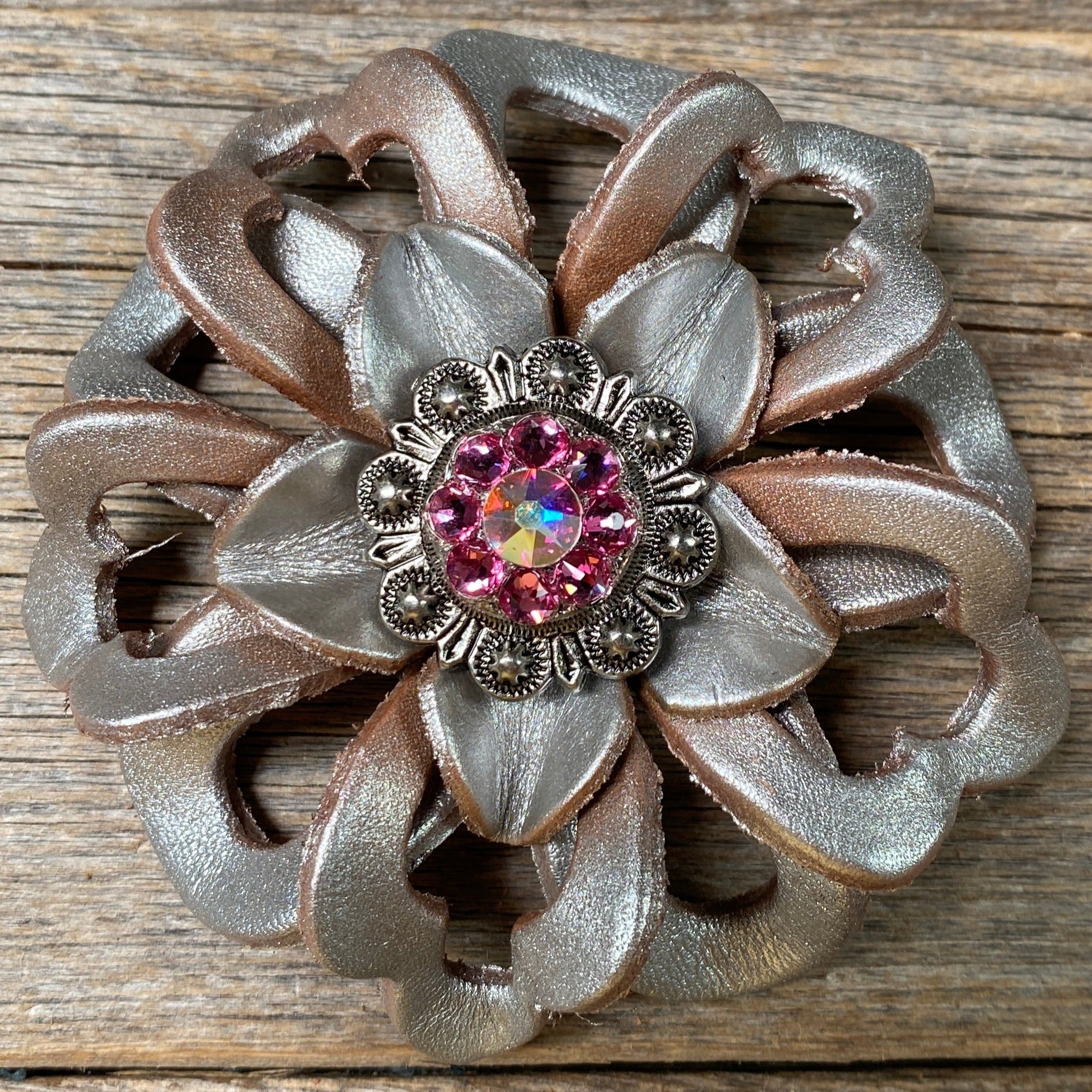 Silver Lotus Leather Flowers with Crystal Conchos - Handmade Floral Hair Clips & Boho Hair Accessories for Weddings, Festivals, and Special Occasions