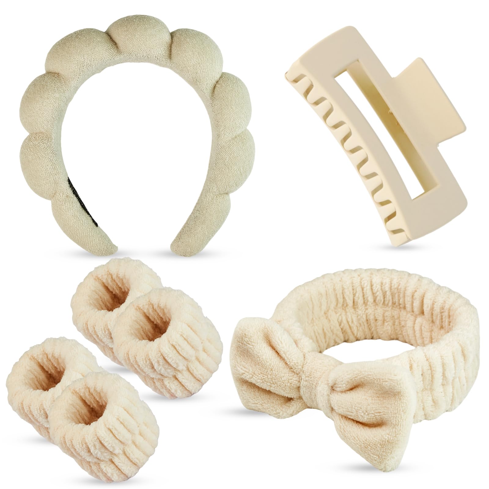7-Piece Spa Headband & Wristband Set for Women - Soft Facial Headband, Skincare Accessories, Perfect Gift for Girls & College Students - Ideal for Home Spa, Skincare Routine & Relaxation (Khaki)