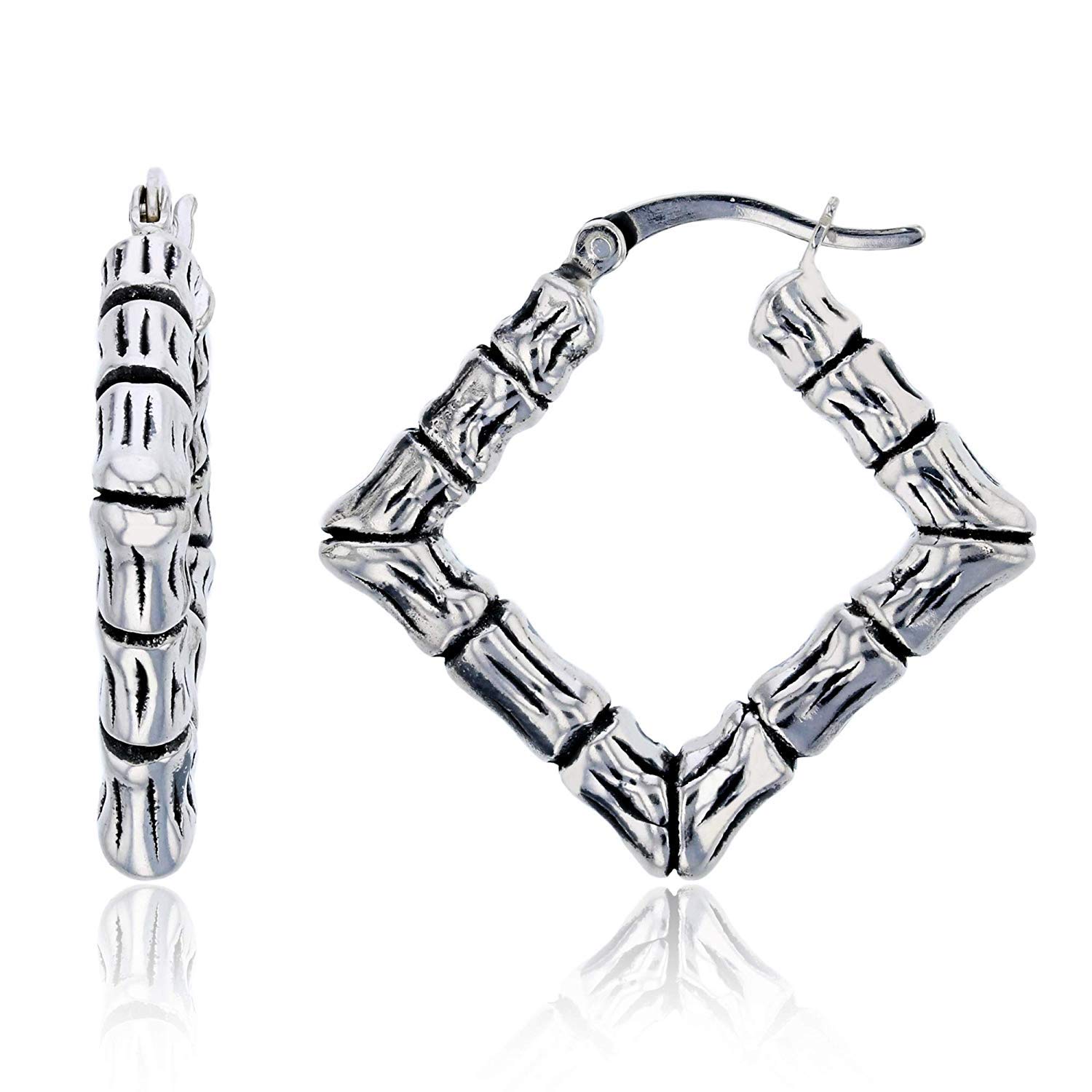 DECADENCE Sterling Silver Oxidized Electroformed Textured Bamboo Hoop Earrings for Women - Round & Square Hoops with Secure Snap Bar Closure | 14k Gold Plated Classic Earrings | Perfect for Everyday Wear, Office & Special Occasions