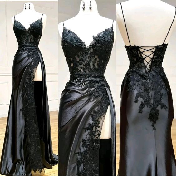 2025 Black Long Prom Dress with Lace V-Neck - Elegant A-Line Formal Gown with High Slit for Homecoming, Evening Party & Special Occasions