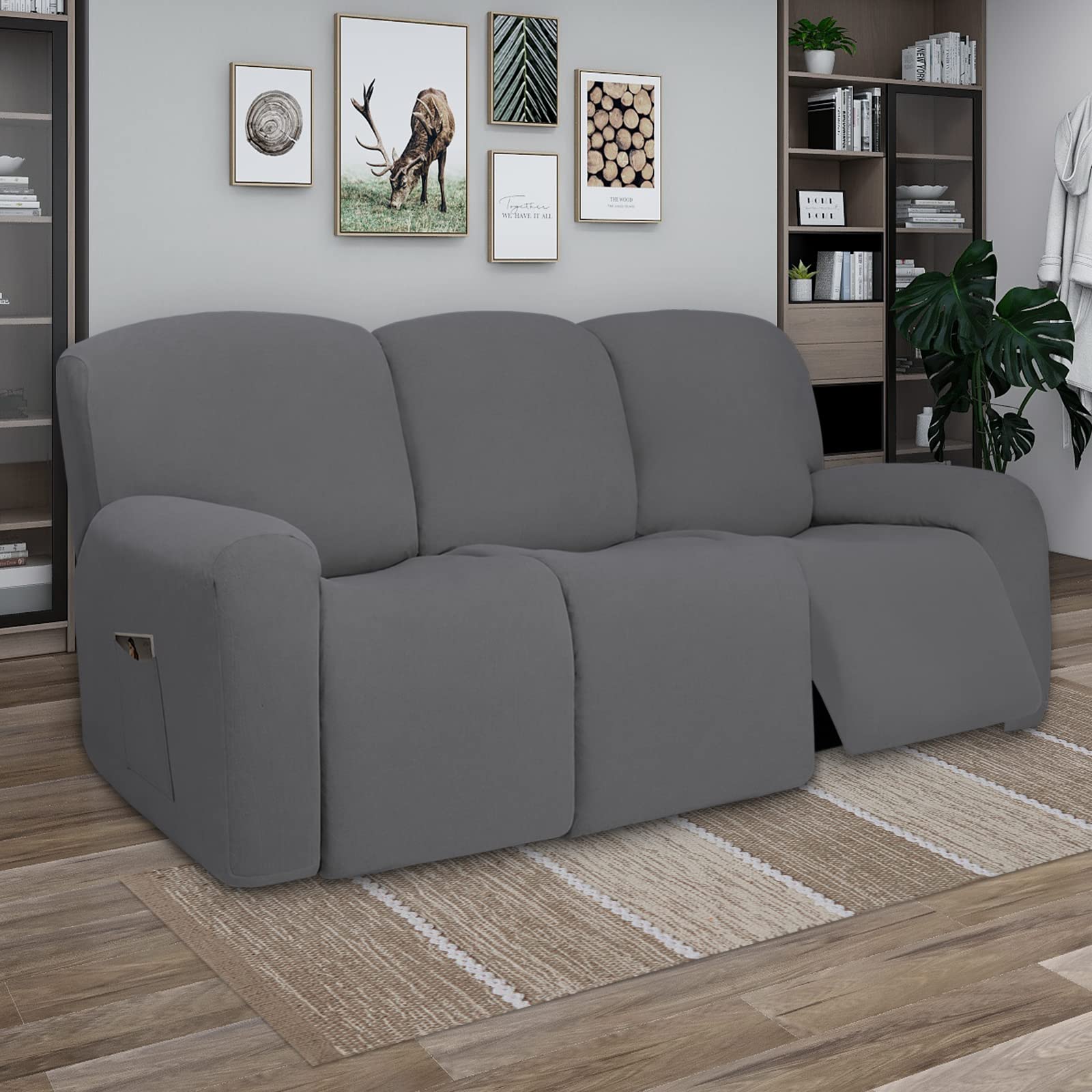 PureFit Super Stretch 3-Seat Recliner Sofa Cover with Pockets - Non-Slip Soft Slipcover, Washable Spandex Furniture Protector for Kids & Pets (Gray) | Perfect for Living Room, Family Room & Home Theater Seating Protection