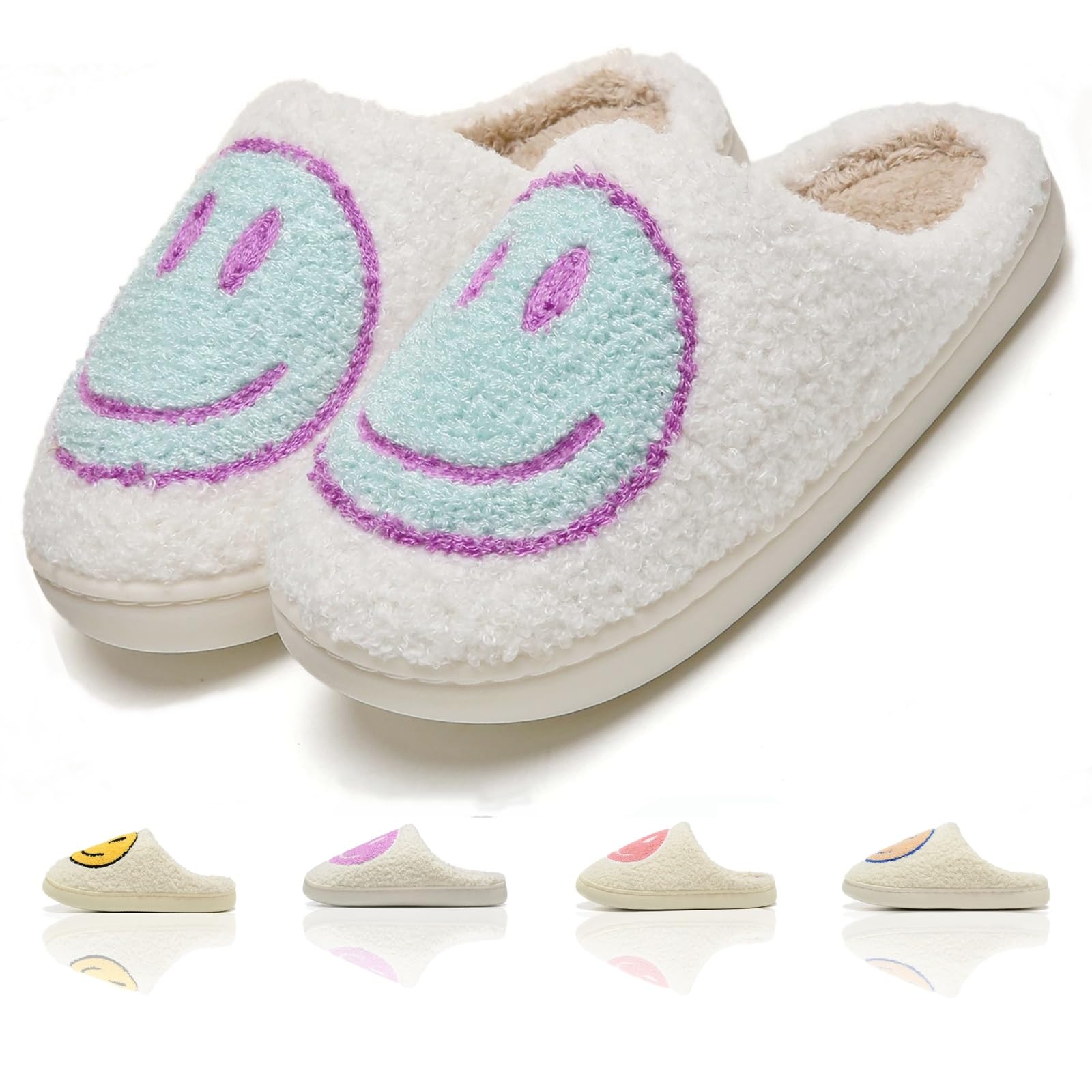 **Memory Foam House Slippers for Women & Men - Cozy Fuzzy Plush Indoor/Outdoor Slip-On Shoes with Retro Happy Face Design - Perfect for Home, Lounge & Casual Wear**