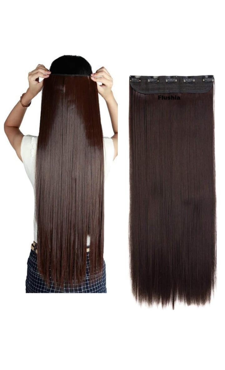 Flushia 24 Inch Straight Brown Clip-in Hair Extensions - 1 Piece High Temperature Synthetic Fiber Long Straight Hair Extensions for Daily Styling & Special Occasions
