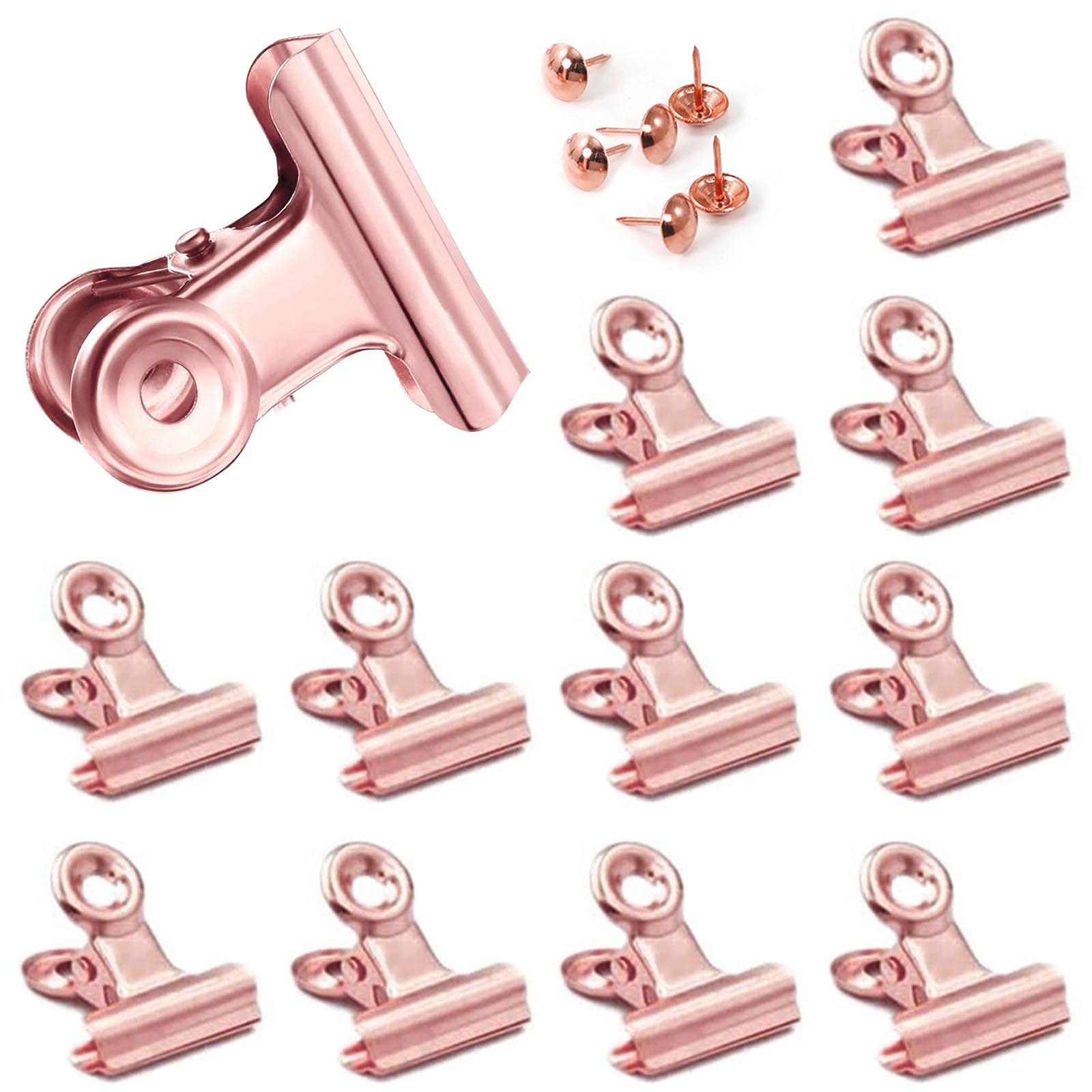 12 Pack Rose Gold Metal Clips (1.5 Inch) - Bulldog Clips for Hanging Pictures, Mini Binder Clips for Office & School, Small Hinge Clips for Crafts - Perfect for Corkboards, Bulletin Boards & DIY Projects
