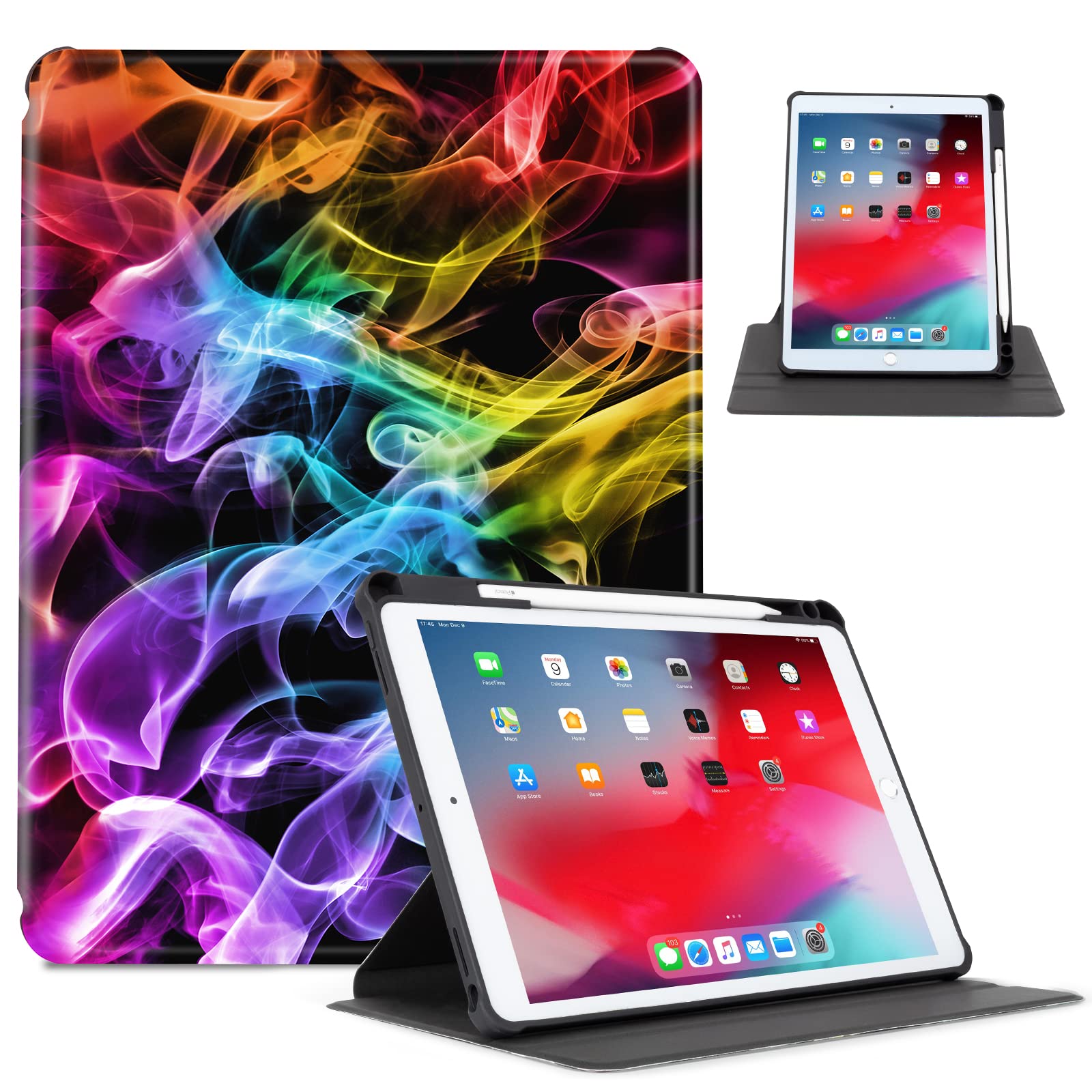 Vimorco iPad 9th/8th/7th Generation Case 10.2 inch 2021/2020/2019 & iPad Pro 10.5 inch 2017 / iPad Air 3rd Generation 2019 Protective Cover - 360° Rotating Stand with Apple Pencil Holder, Multi-Angle Viewing & Shockproof Design - Perfect for Work, Study & Entertainment (Smoke)