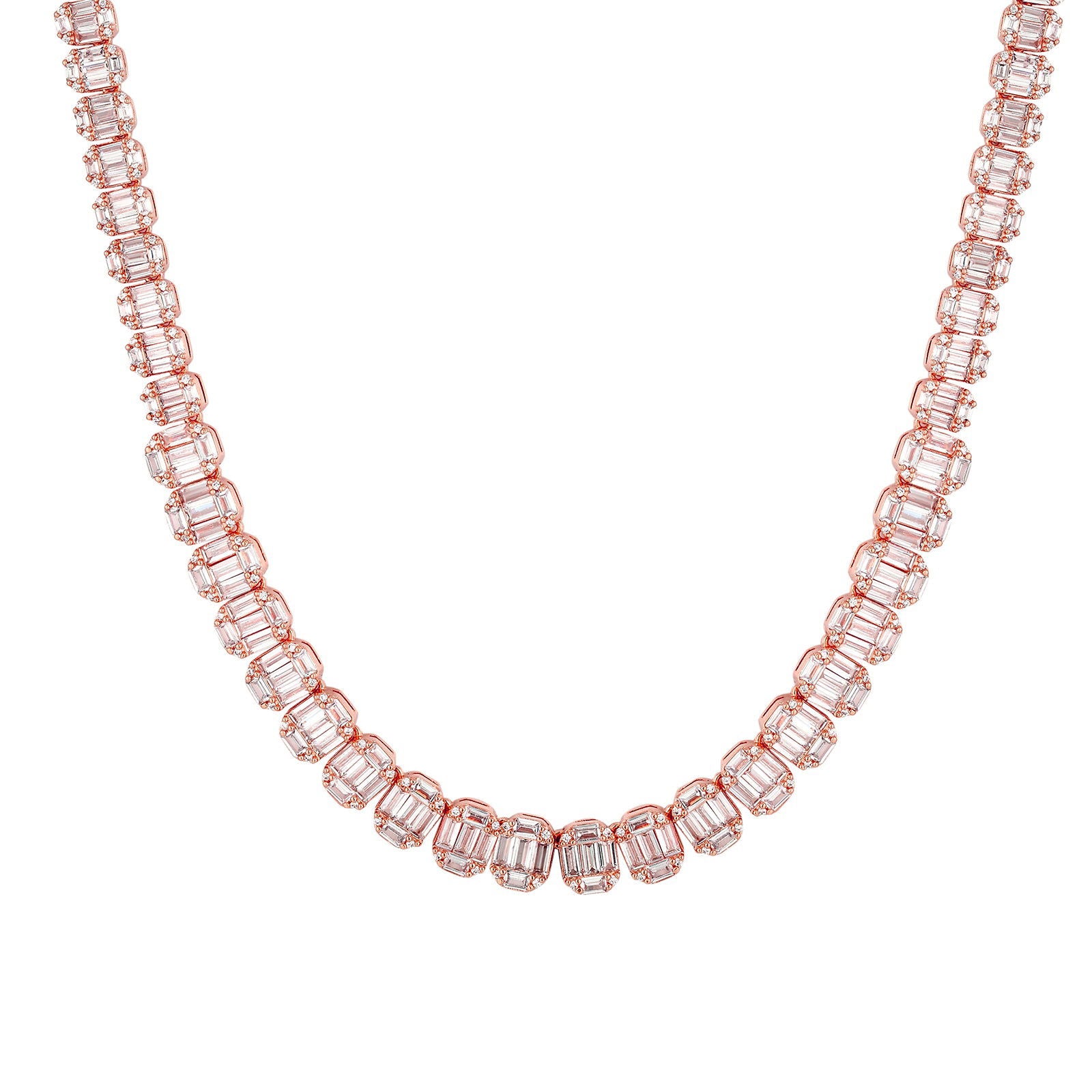 14K Rose Gold Plated Baguette Link Tennis Chain - Elegant Icy Diamond Cut Designer Necklace for Women, Perfect for Parties, Weddings & Everyday Luxury