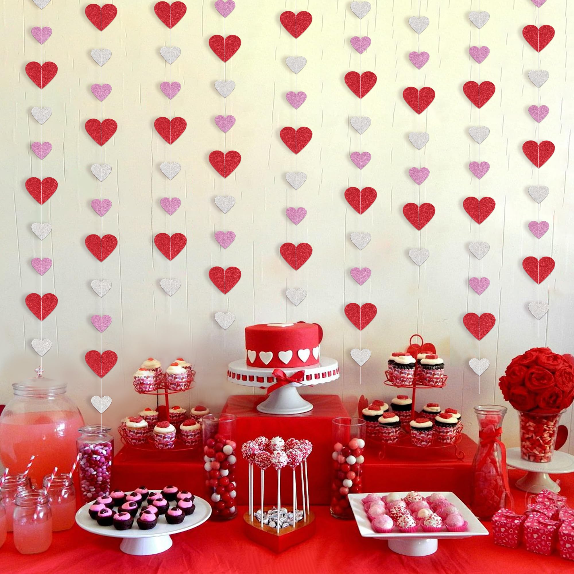 8 Packs Red Pink Silver Glitter Heart Garland String - Valentine's Day Decorations for Home, Mantle, Wedding, Anniversary & Birthday Party - Romantic Heart Banner for Wall, Ceiling, Door & Photo Backdrop