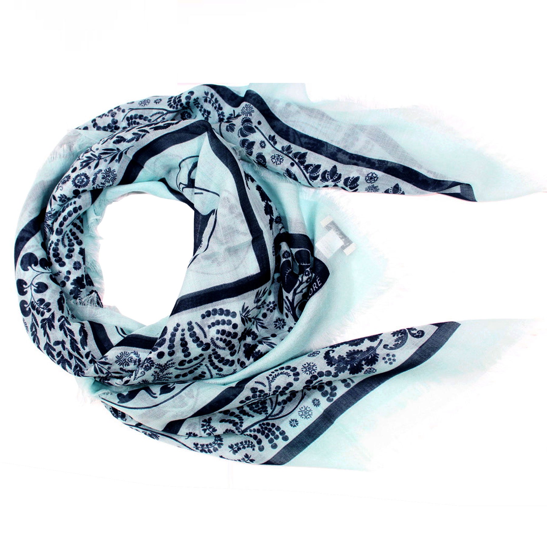 Lanvin Sky Blue Floral & Animal Print Wool Extra Large Square Scarf Shawl - Soft Warm Winter Wrap for Women, Perfect for Office, Travel & Special Occasions
